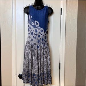 Nic + Zoe geometric dress, Sz S blue circles cotton rayon stretchy